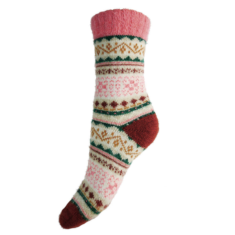 Cream, pink and brown Scandi patterned soft Wool Blend socks