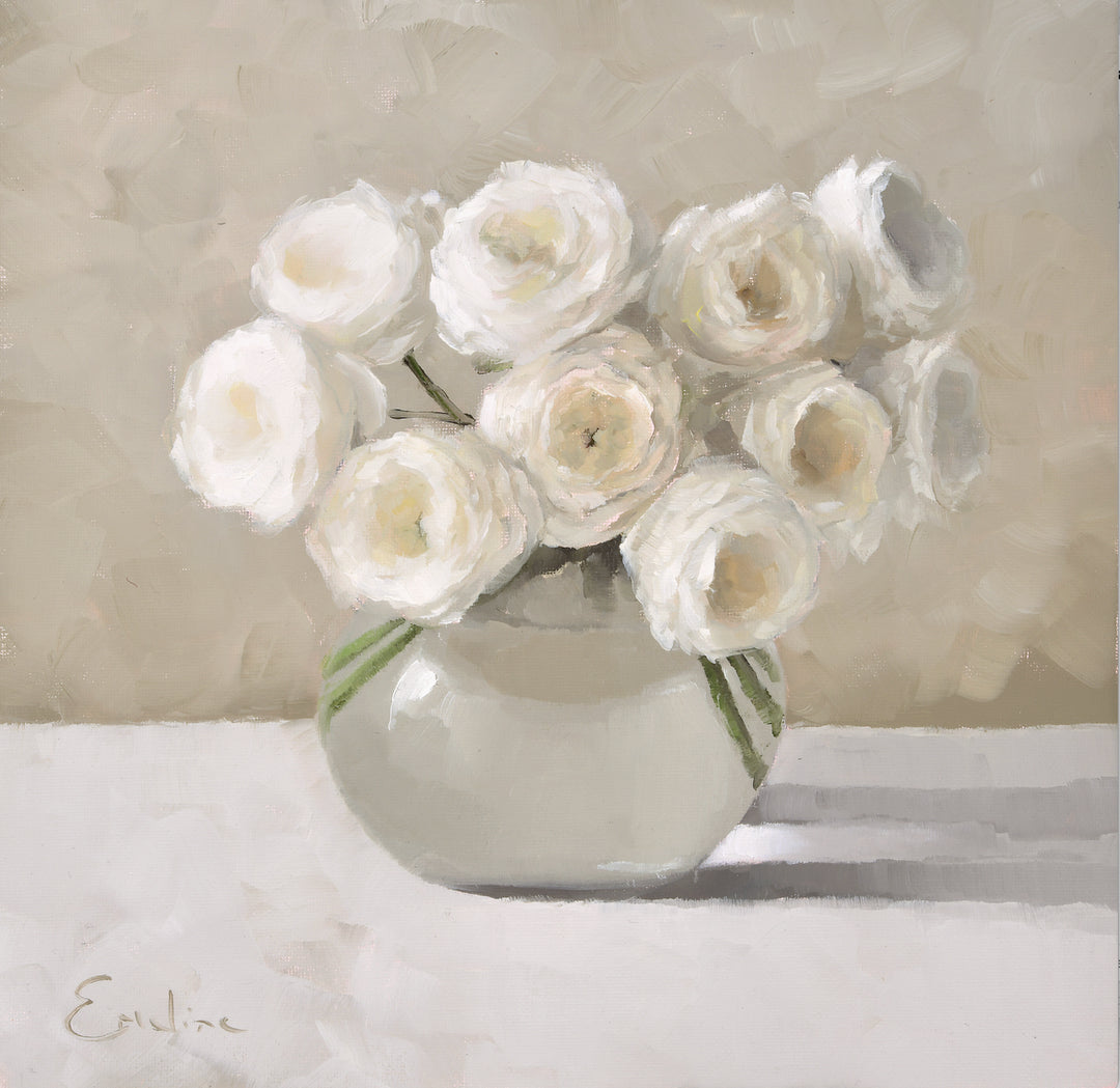 White Roses in a Round Glass Vase