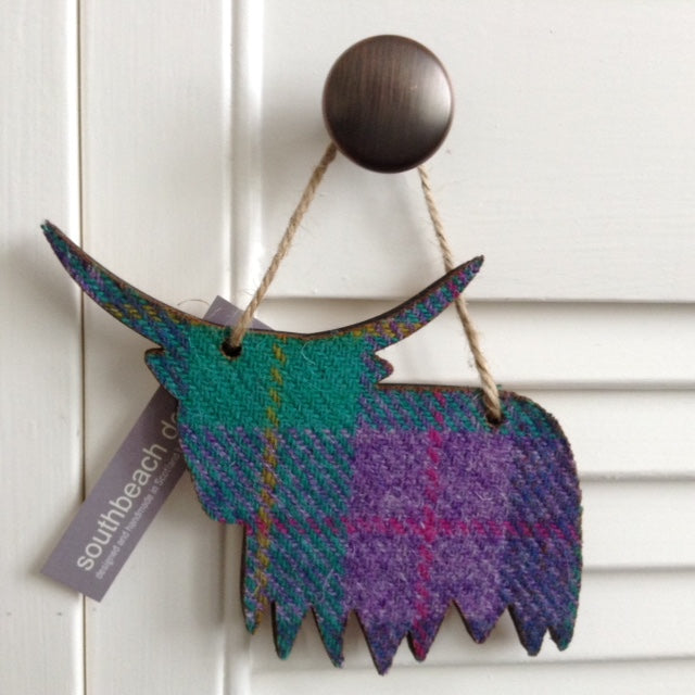 Harris Tweed Hanging Highland Cow - turquoise