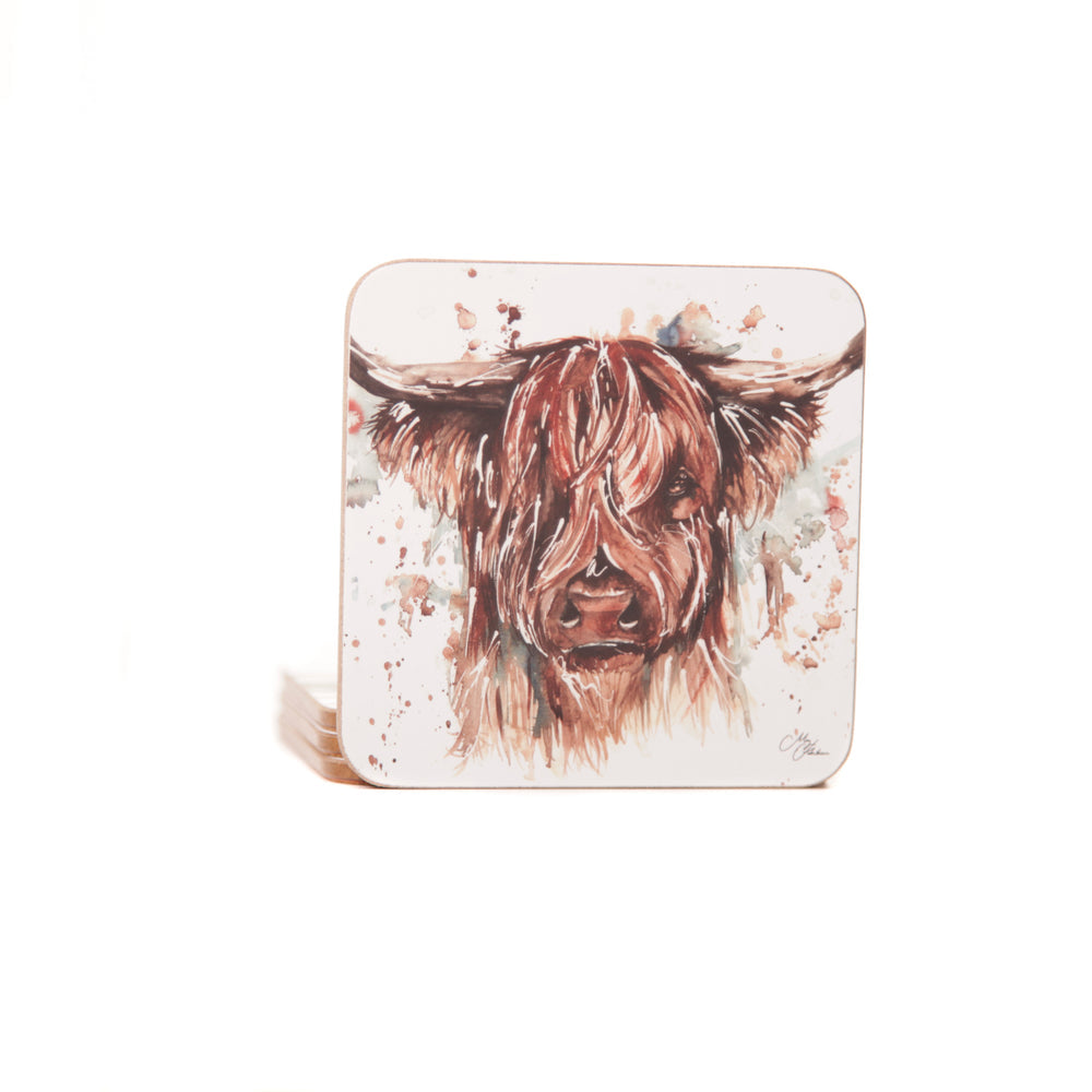 Highland Cow Watercolour Design Coasters Set of 4
