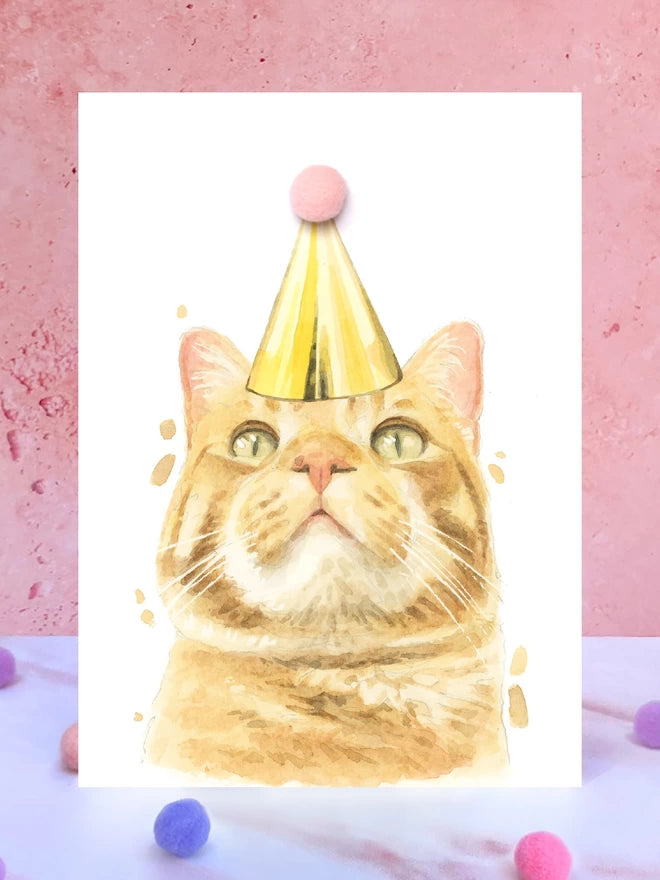 Ginger Tabby Cat Pompom Birthday