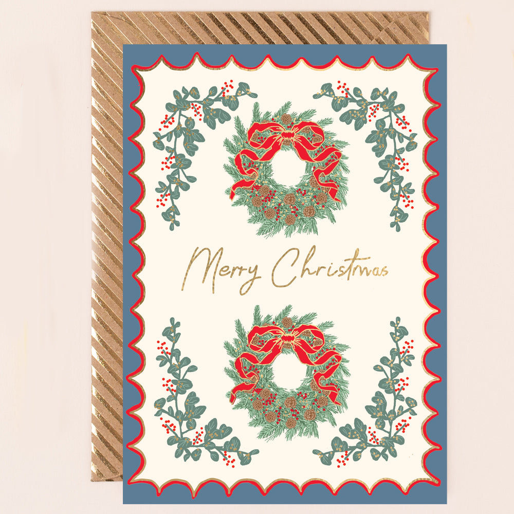 Christmas Wreath card with Scalloped Border