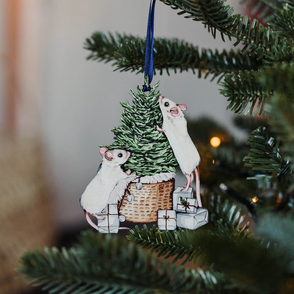 FESTIVE MICE SUSTAINABLE WOODEN WATERCOLOUR CHRISTMAS DECORATION