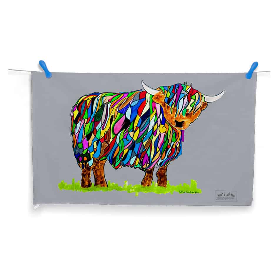 BRIGHT HIGHLAND COW TEA TOWEL (GREY)