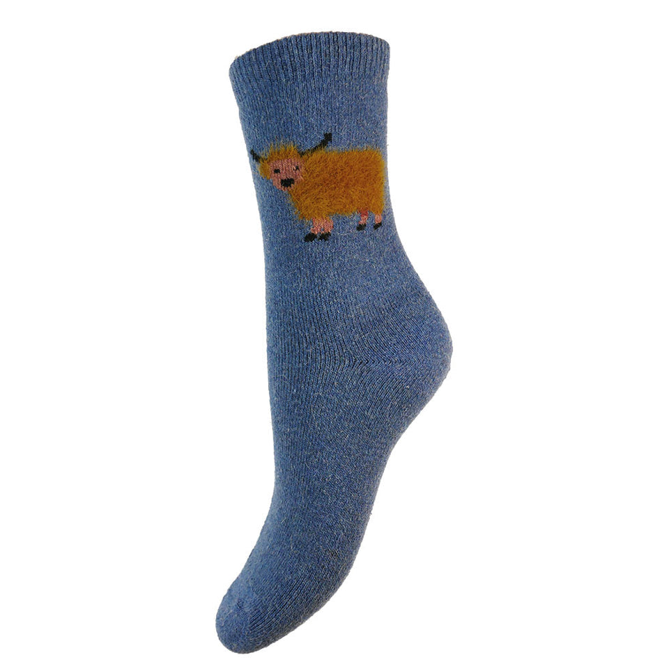 Thick Wool Blend Blue Socks with Fluffy Highland Cows