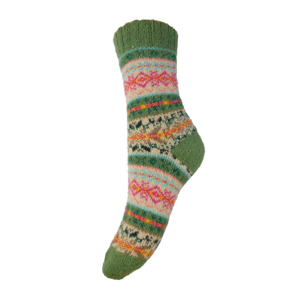 Green, Fawn and Pink Scandi Patterned Soft Wool Blend Socks