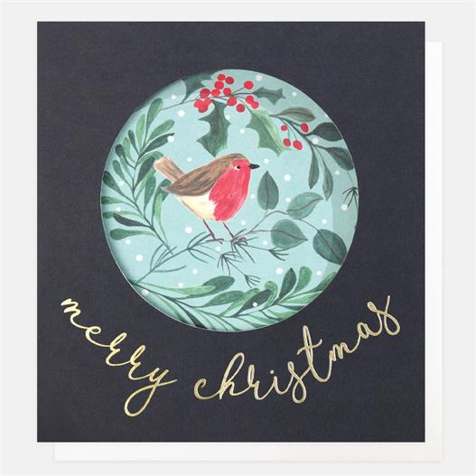 Happy Christmas Cut Out Robin in Foliage