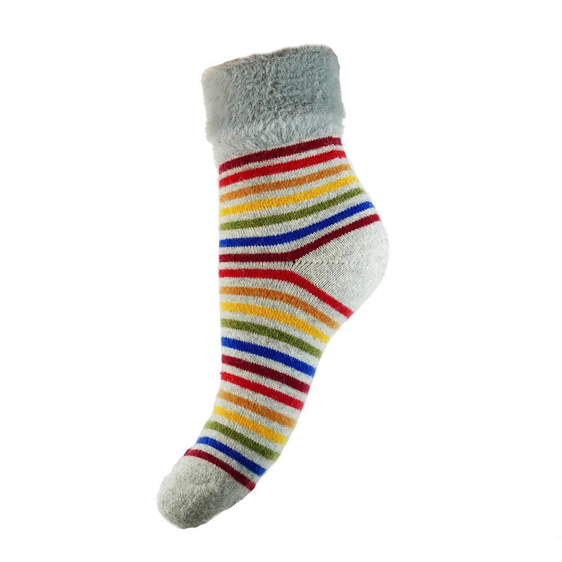 Multi Coloured Stripe Cuff Socks with Faux Fur Cuff