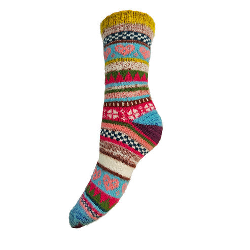 Multi Coloured Yellow Cuff Scandi Wool Blend Socks
